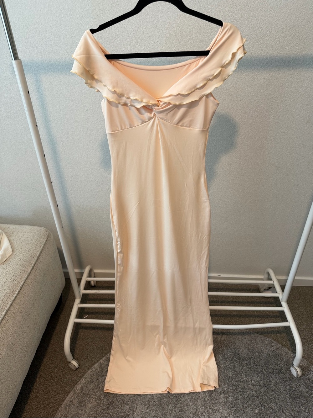 Off-Shoulder Peach Maxi Maternity Dress with Twist Front